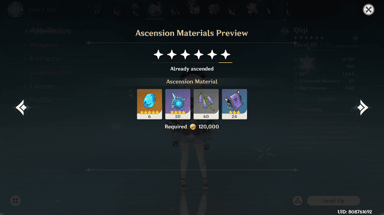 qiqi ascension & talent level-up materials